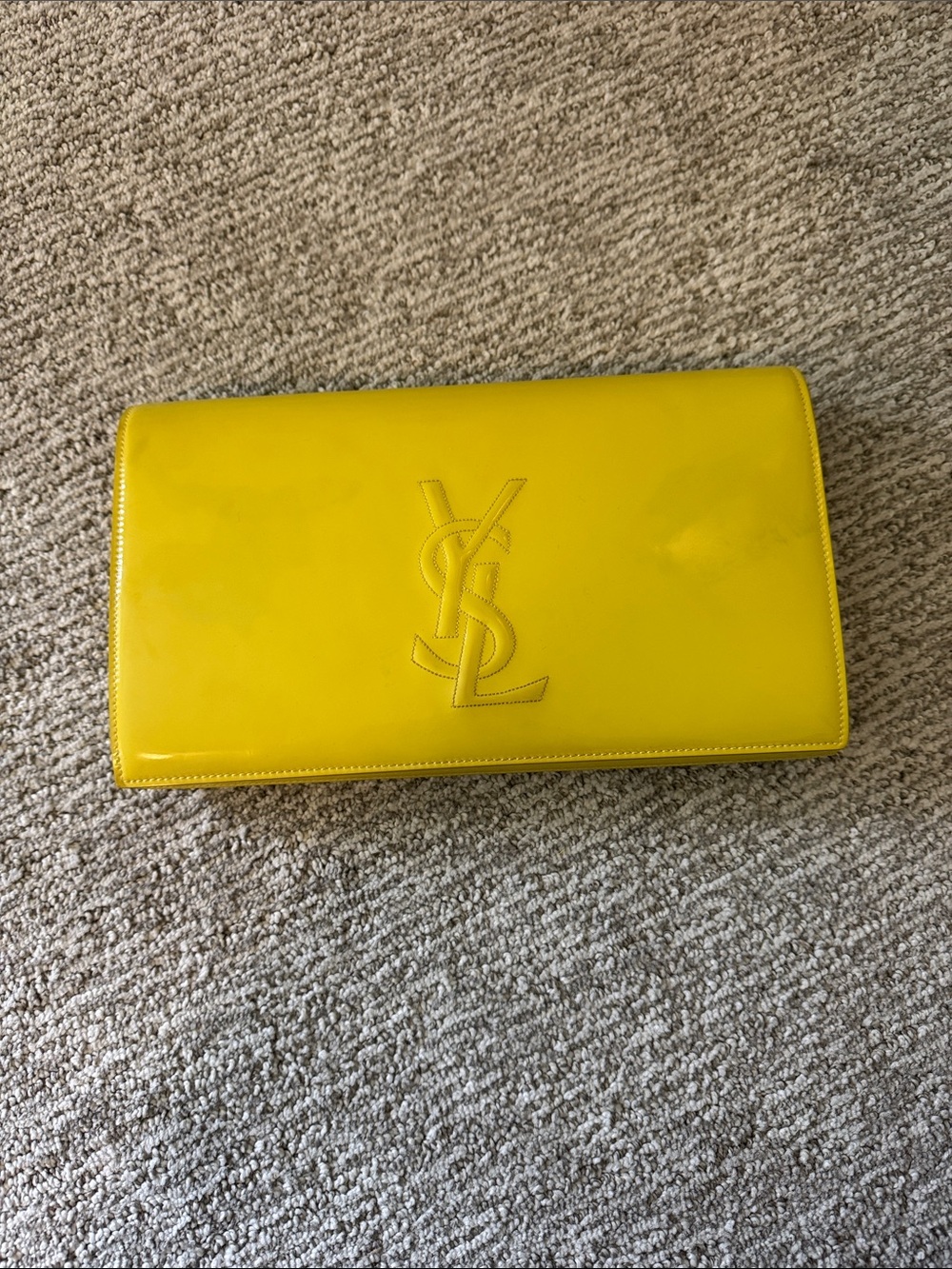 Saint Laurent Yellow Patent Leather Clutch with Stitched Logo